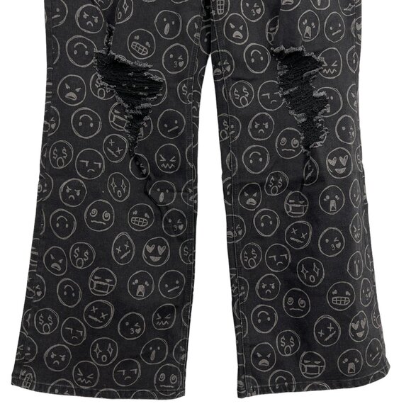 Gemma Rae Jeans Black Emoji Print Wide Leg Distressed Skater Baggy Size 15/32 - Picture 6 of 14